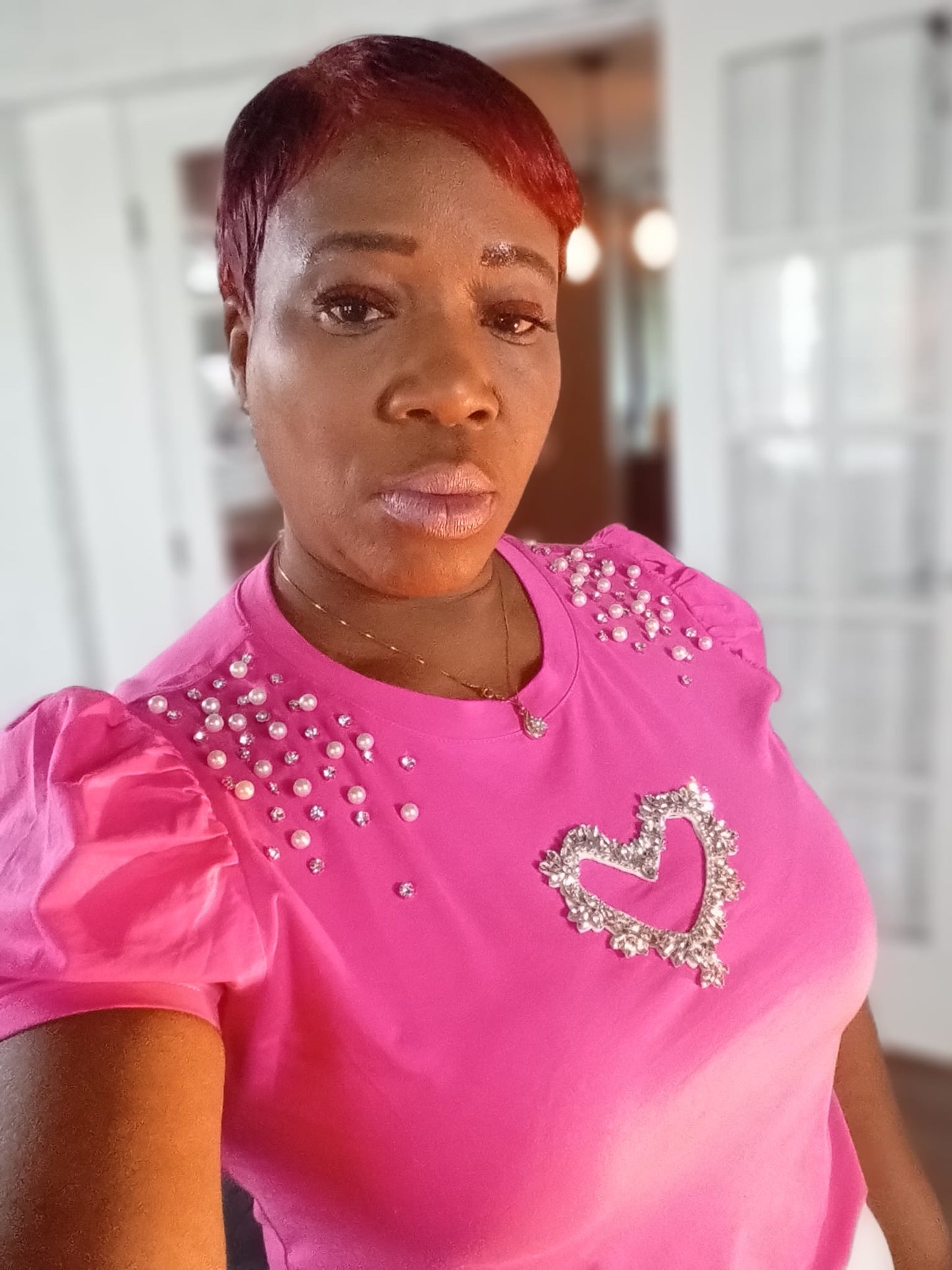 women pink Tee shirt with diamond heart