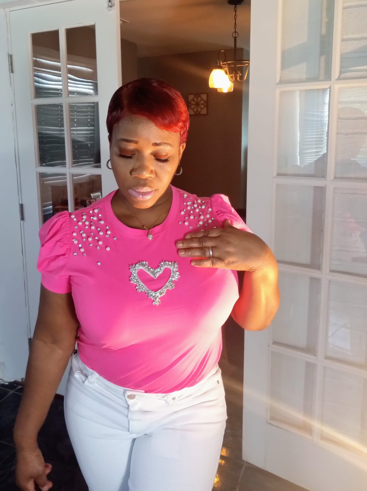 women pink Tee shirt with diamond heart